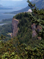 Chanticleer Point overlooks Crown Point on a sheer basalt cliff remnant of volcanic rock the Columbia River has worn down through the Cascade Range to nearly sea level. 30-knot winds make some of the world's best windsurfing.