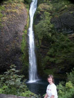 Ruth at Horsetail Falls; next we drove to Mark & Dena's for Daddy's 85th birthday dinner and a visit, then to the hotel with breakfast in Portland where Anita made reservations.